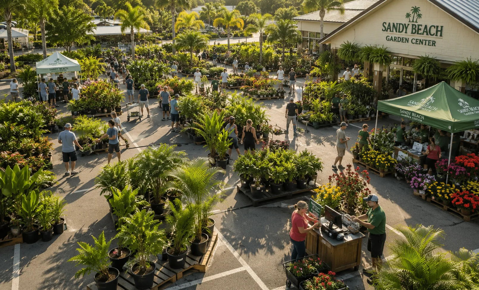 Customers and staff moving through a busy independent garden center filled with plants
